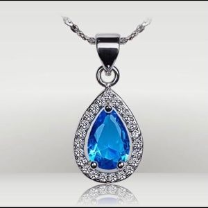 White gold plated blue gem pendant necklace